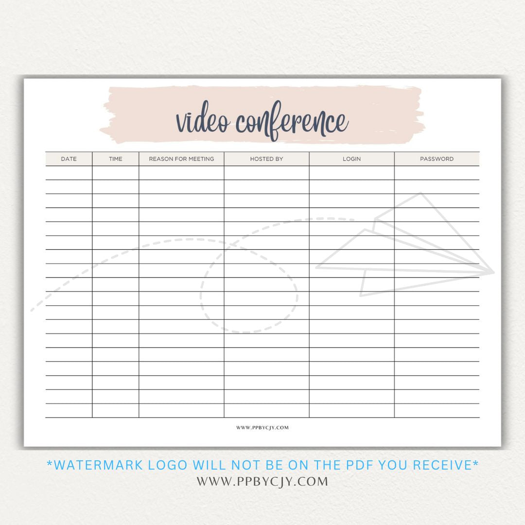 Video conference log printable PDF template for tracking virtual meetings, attendees, topics, and action items.
