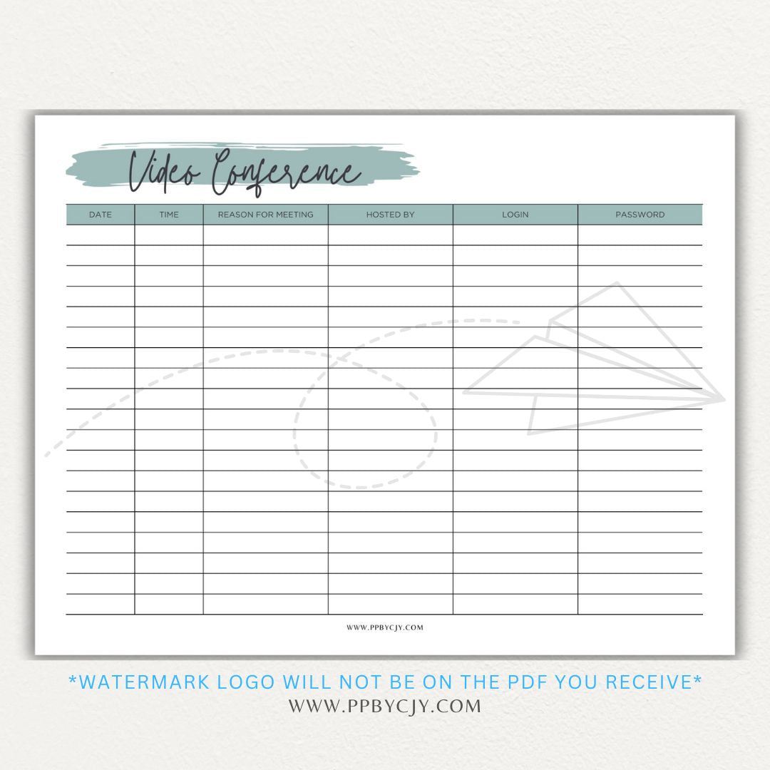 Video conference log printable PDF template for tracking virtual meetings, attendees, topics, and action items.