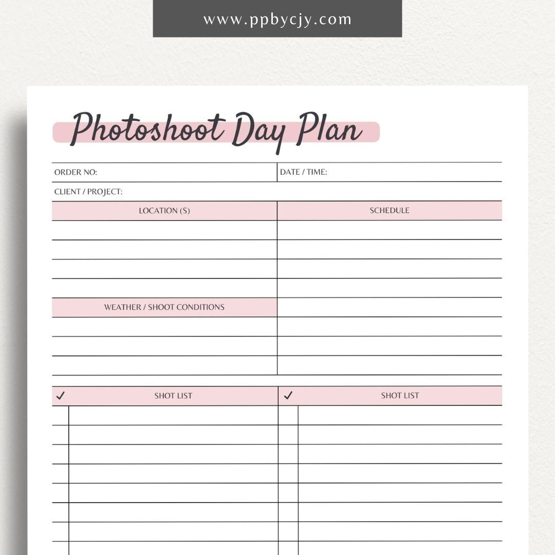 Photoshoot Day Plan Printable PDF Template