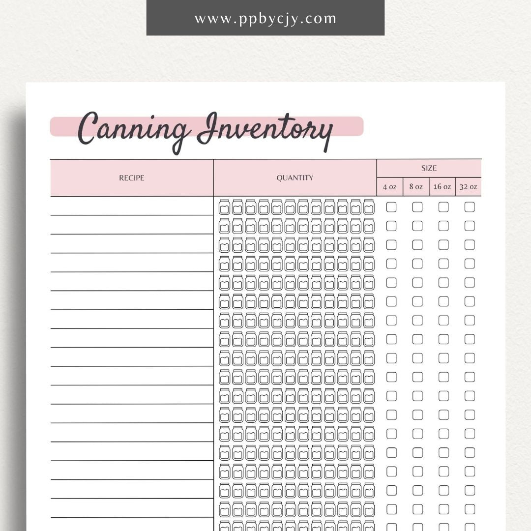 Homestead Canning Inventory Printable Template – Digital download for recording and managing home-canned goods and supplies.