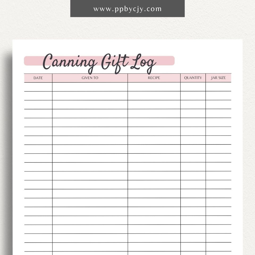 Homestead Canning Gift Log Printable Template – Digital download for tracking and organizing gifts made from home-canned goods.