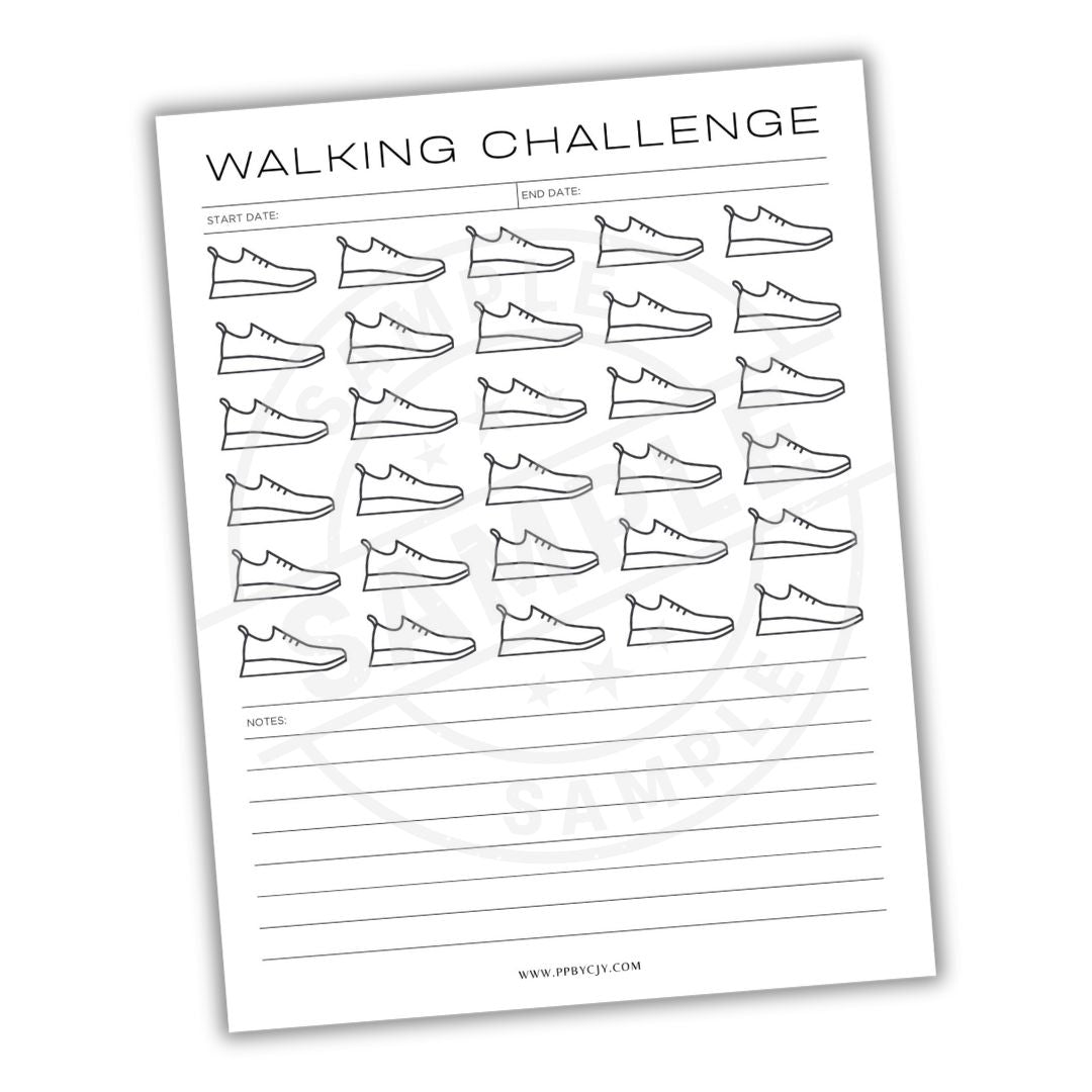 Walking challenge tracker with shoe illustrations and space for notes on a white background