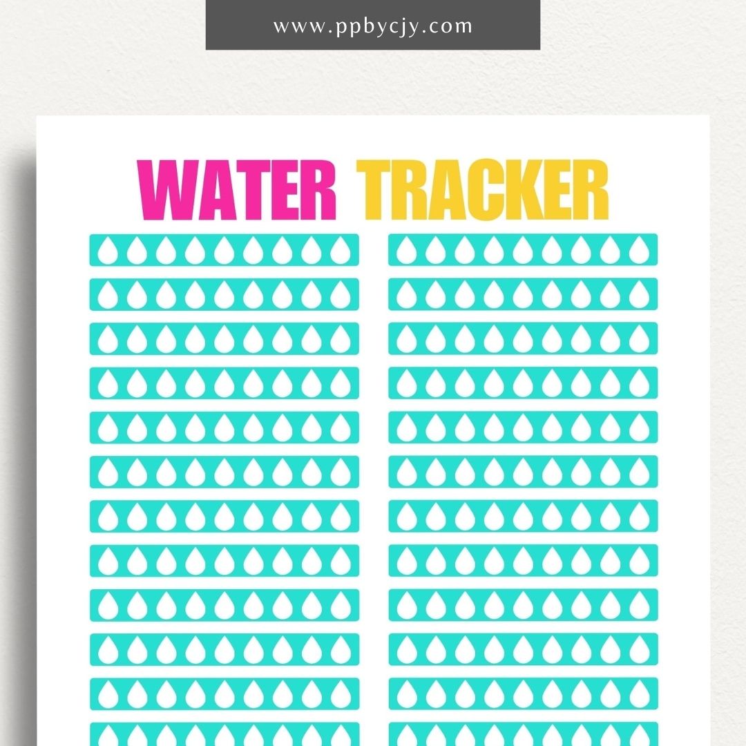 Water Hydration Tracker Printable Template – Digital download for monitoring and managing daily water intake to ensure proper hydration.