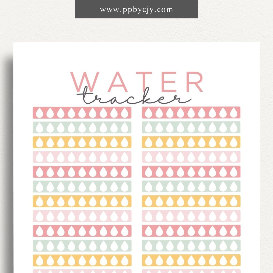 Water Hydration Tracker Printable Template – Digital download for monitoring and managing daily water intake to ensure proper hydration.