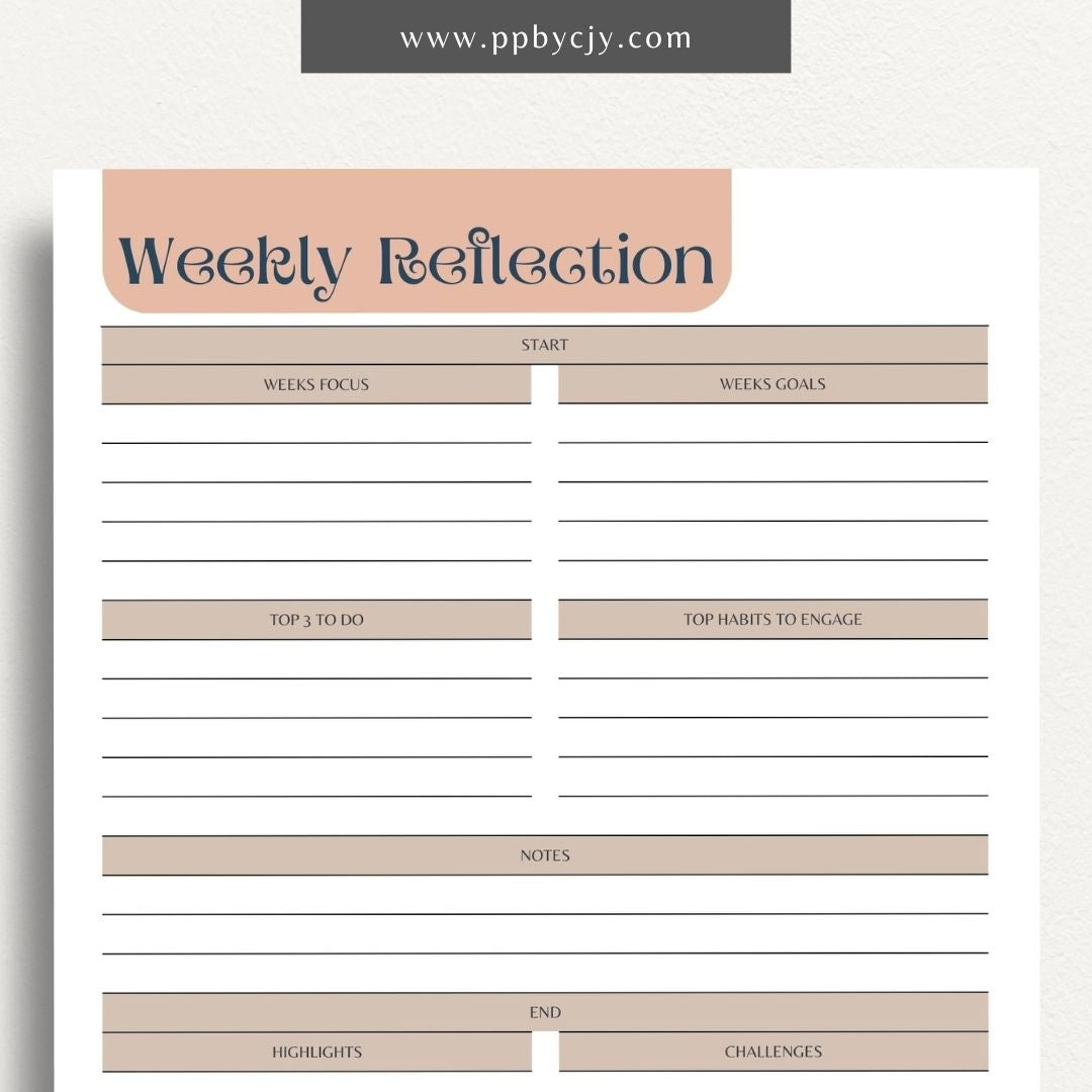 Weekly Reflection Printable Template – Digital download for reflecting on the past week, including prompts for evaluating achievements, challenges, goals, and personal growth