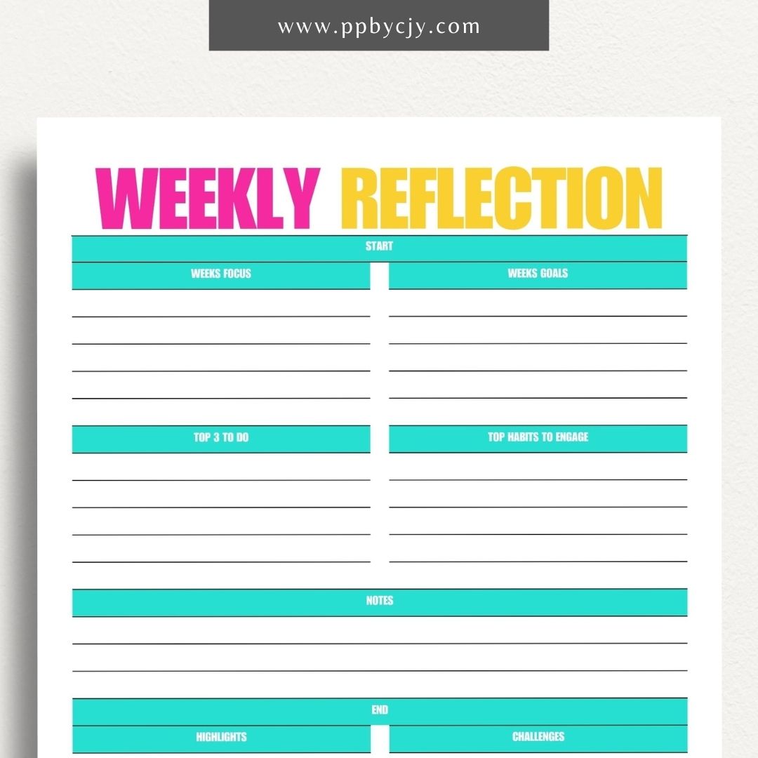 Weekly Reflection Printable Template – Digital download for reflecting on the past week, including prompts for evaluating achievements, challenges, goals, and personal growth