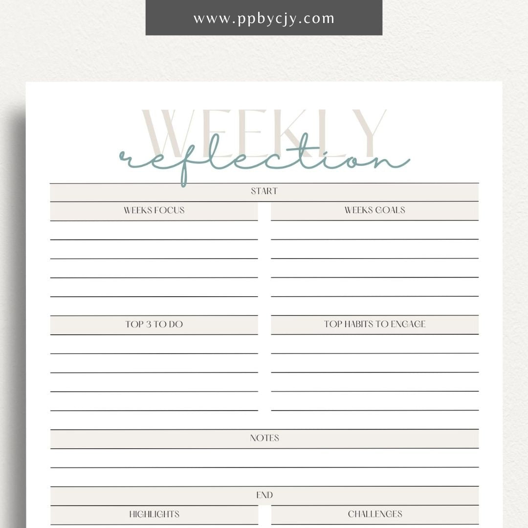 Weekly Reflection Printable Template – Digital download for reflecting on the past week, including prompts for evaluating achievements, challenges, goals, and personal growth