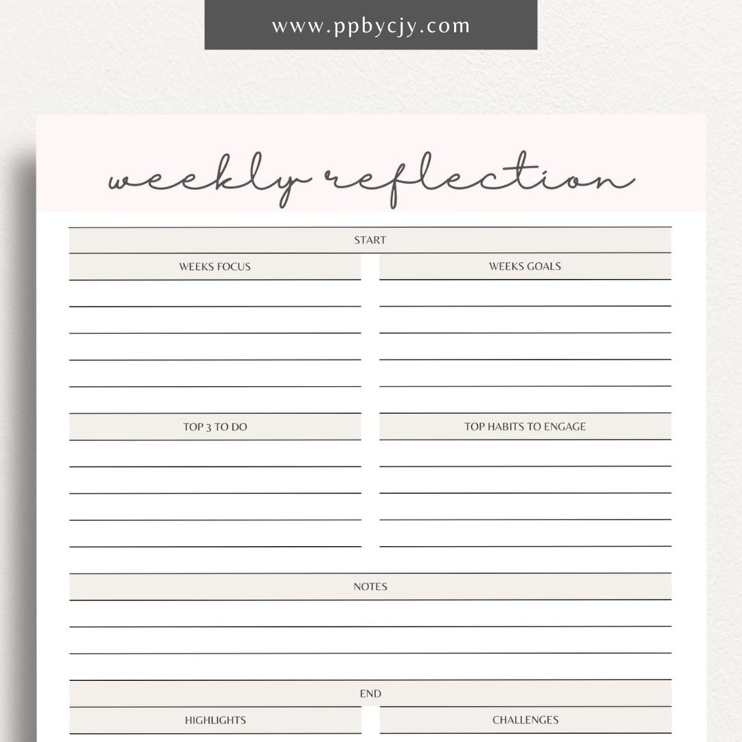 Weekly Reflection Printable Template – Digital download for reflecting on the past week, including prompts for evaluating achievements, challenges, goals, and personal growth