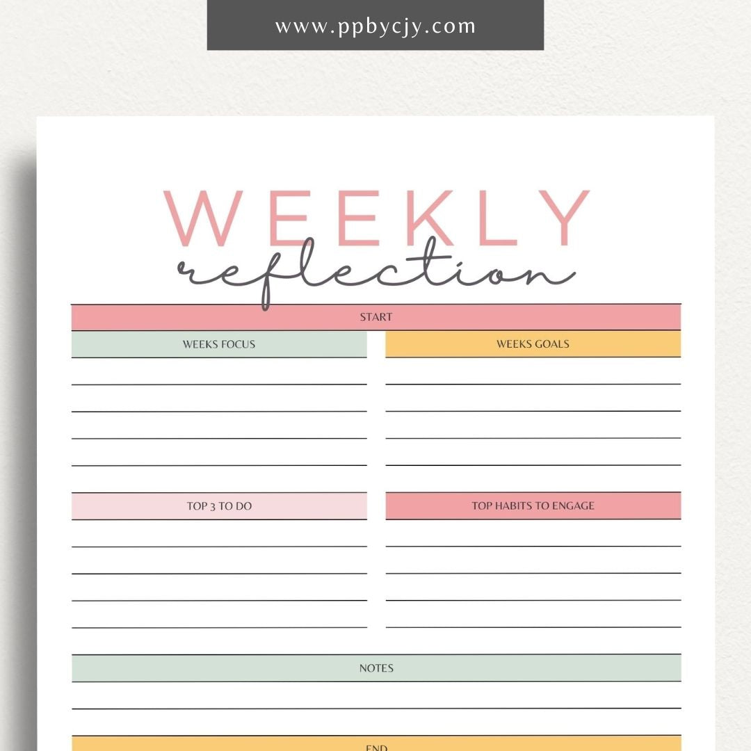 Weekly Reflection Printable Template – Digital download for reflecting on the past week, including prompts for evaluating achievements, challenges, goals, and personal growth