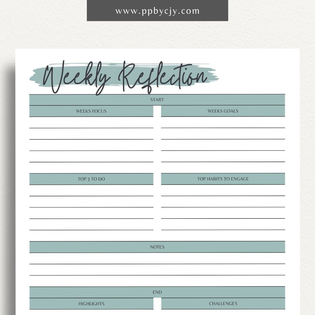 Weekly Reflection Printable Template – Digital download for reflecting on the past week, including prompts for evaluating achievements, challenges, goals, and personal growth
