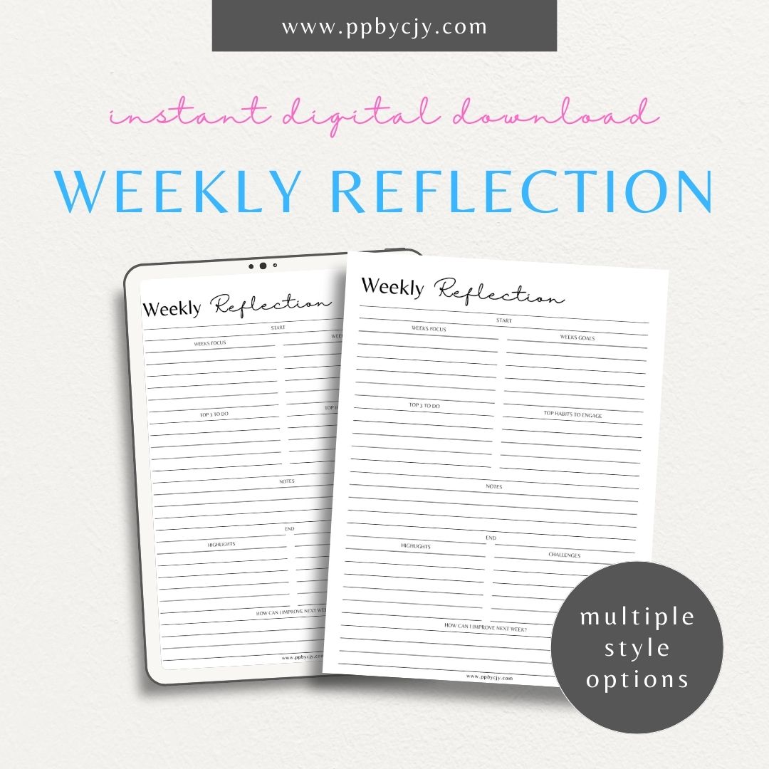 Weekly Reflection Printable Template – Digital download for reflecting on the past week, including prompts for evaluating achievements, challenges, goals, and personal growth
