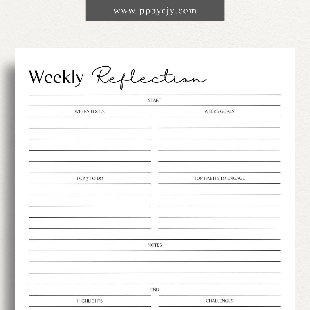 Weekly Reflection Printable Template – Digital download for reflecting on the past week, including prompts for evaluating achievements, challenges, goals, and personal growth
