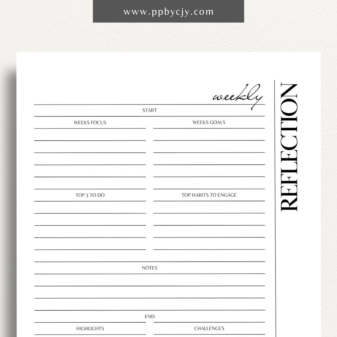 Weekly Reflection Printable Template – Digital download for reflecting on the past week, including prompts for evaluating achievements, challenges, goals, and personal growth
