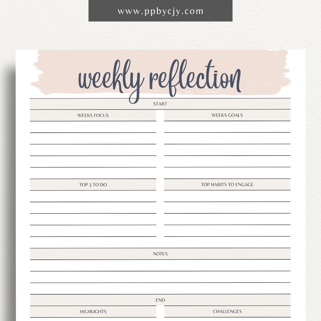 Weekly Reflection Printable Template – Digital download for reflecting on the past week, including prompts for evaluating achievements, challenges, goals, and personal growth