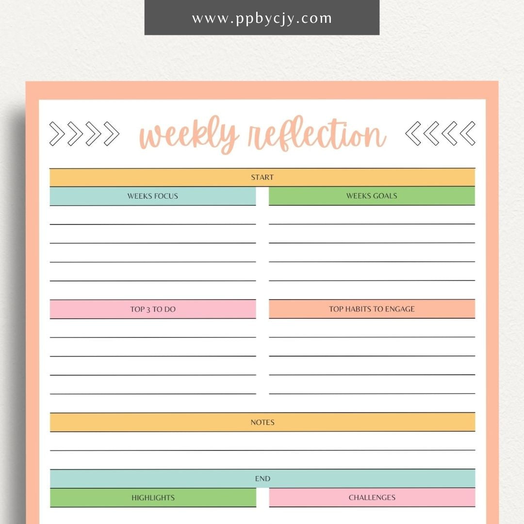Weekly Reflection Printable Template – Digital download for reflecting on the past week, including prompts for evaluating achievements, challenges, goals, and personal growth