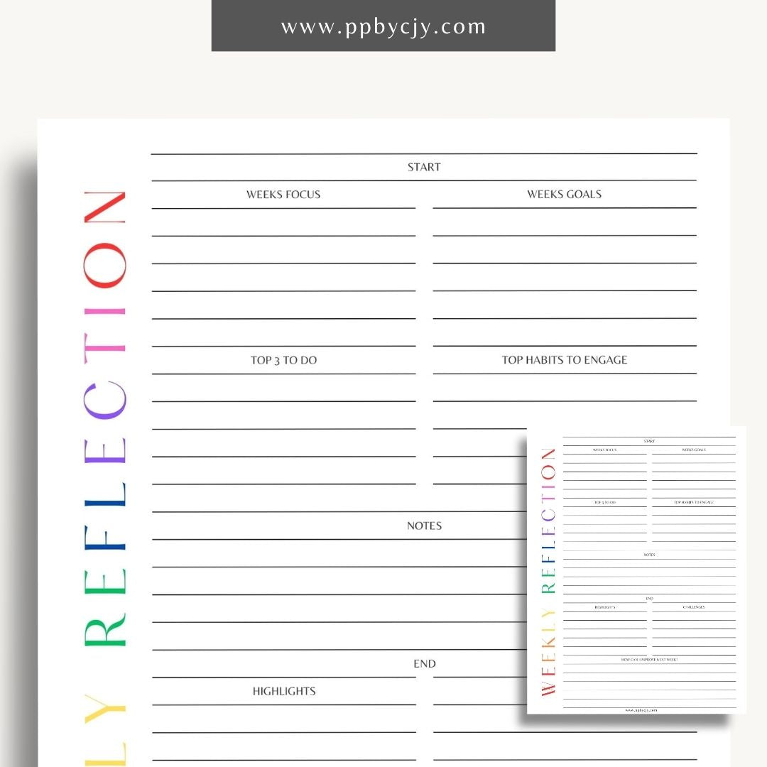 Weekly Reflection Printable Template – Digital download for reflecting on the past week, including prompts for evaluating achievements, challenges, goals, and personal growth