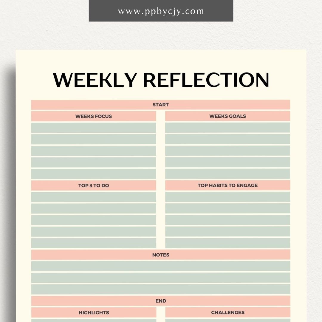 Weekly Reflection Printable Template – Digital download for reflecting on the past week, including prompts for evaluating achievements, challenges, goals, and personal growth