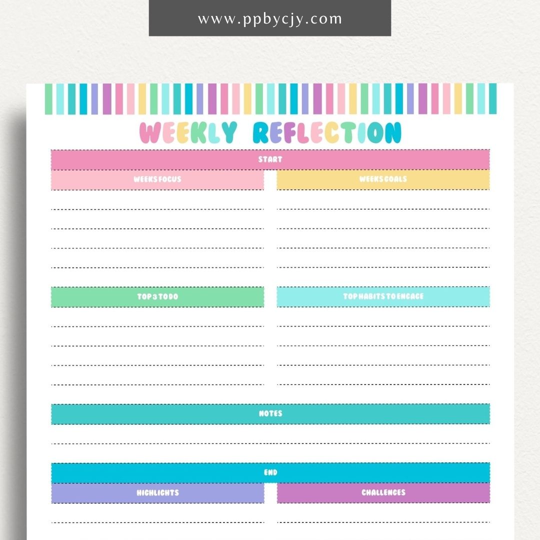 Weekly Reflection Printable Template – Digital download for reflecting on the past week, including prompts for evaluating achievements, challenges, goals, and personal growth