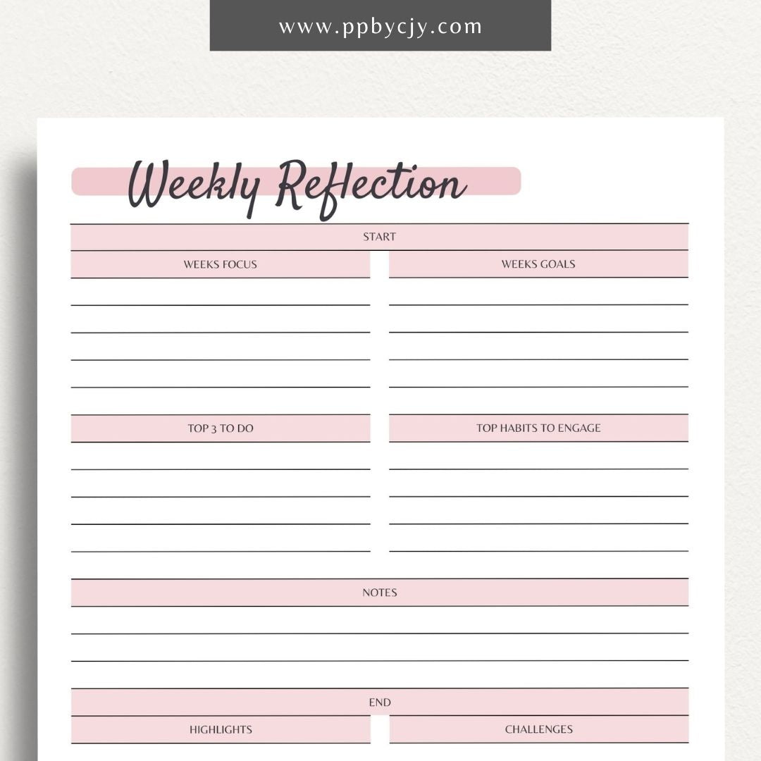 Weekly Reflection Mindfulness Journal Printable PDF Template