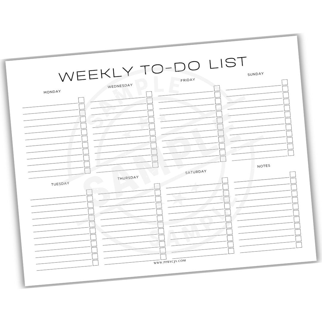 Weekly to-do list template with days of the week on a white background