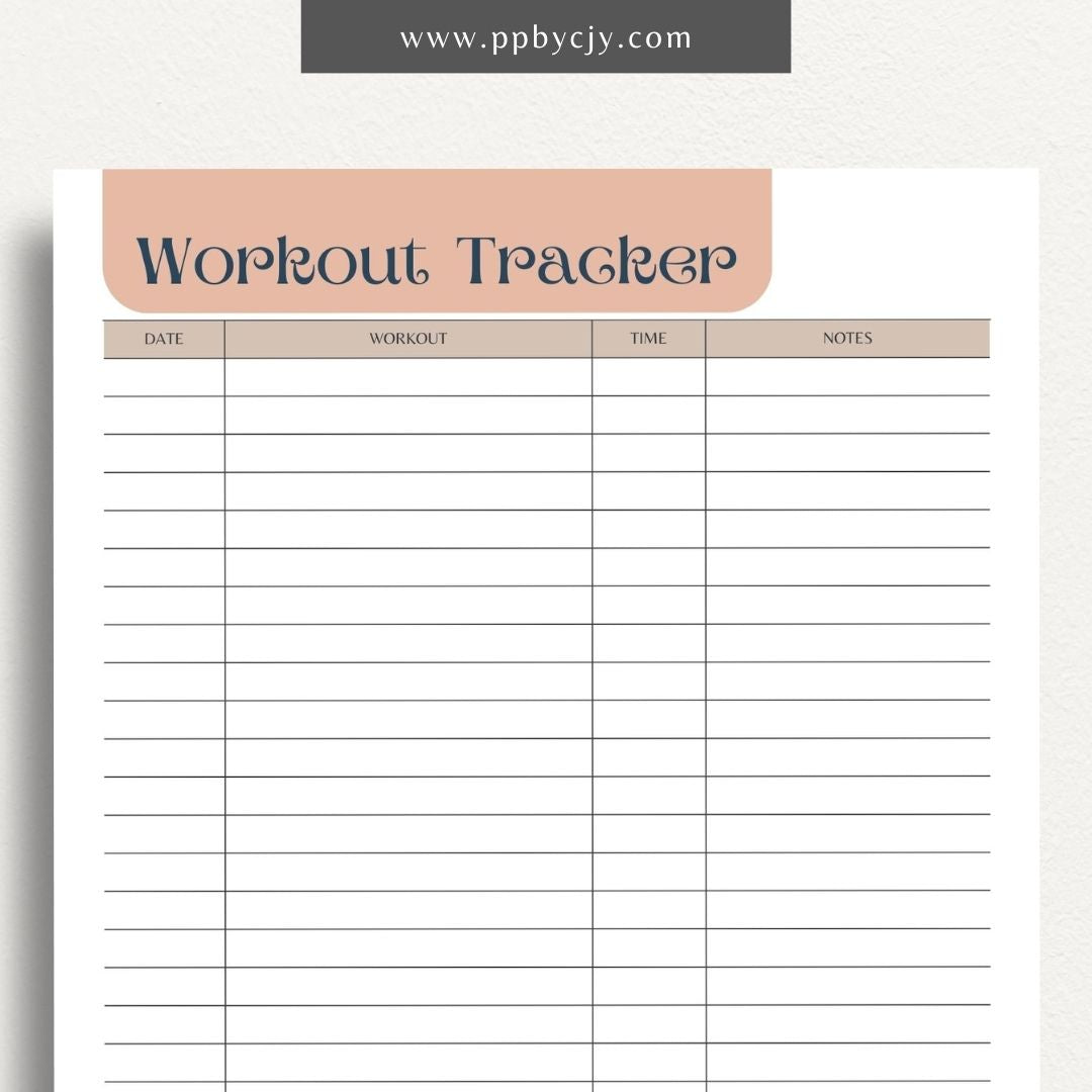 Workout Tracker Printable Template – Digital download for recording and monitoring workout routines, including exercise types, durations, sets, reps, and progress over time