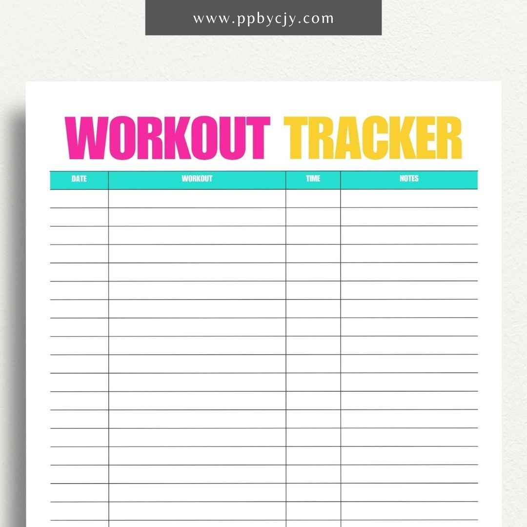 Workout Tracker Printable Template – Digital download for recording and monitoring workout routines, including exercise types, durations, sets, reps, and progress over time