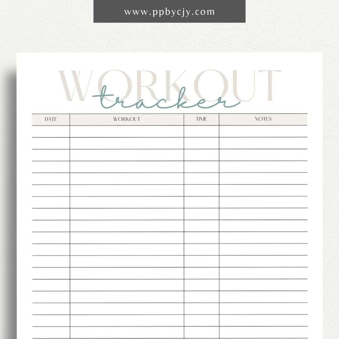 Workout Tracker Printable Template – Digital download for recording and monitoring workout routines, including exercise types, durations, sets, reps, and progress over time