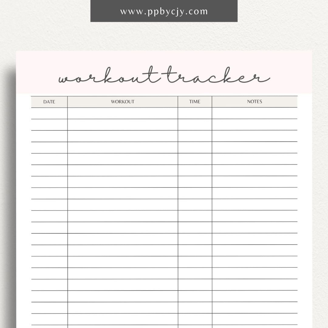 Workout Tracker Printable Template – Digital download for recording and monitoring workout routines, including exercise types, durations, sets, reps, and progress over time