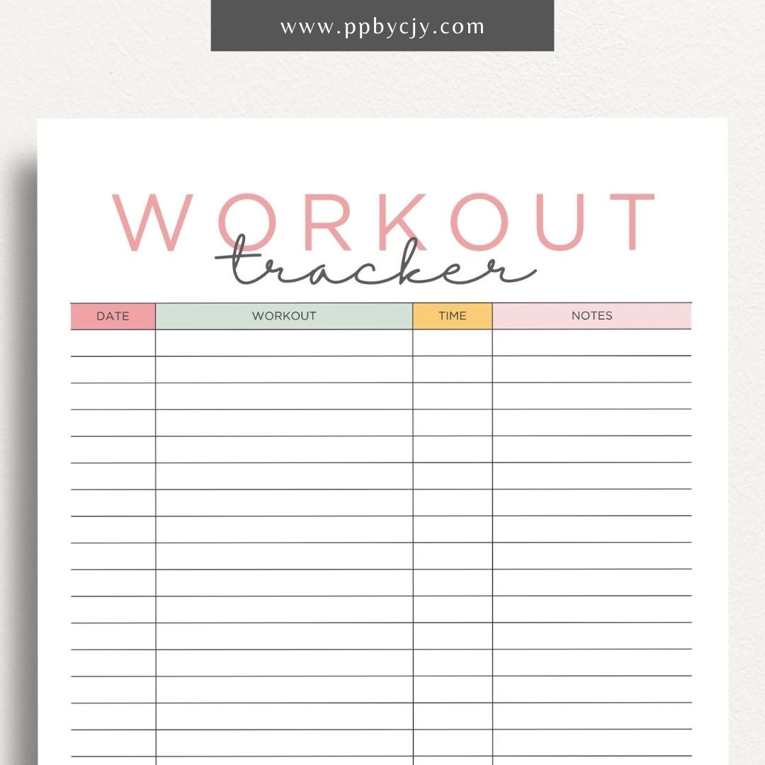 Workout Tracker Printable Template – Digital download for recording and monitoring workout routines, including exercise types, durations, sets, reps, and progress over time