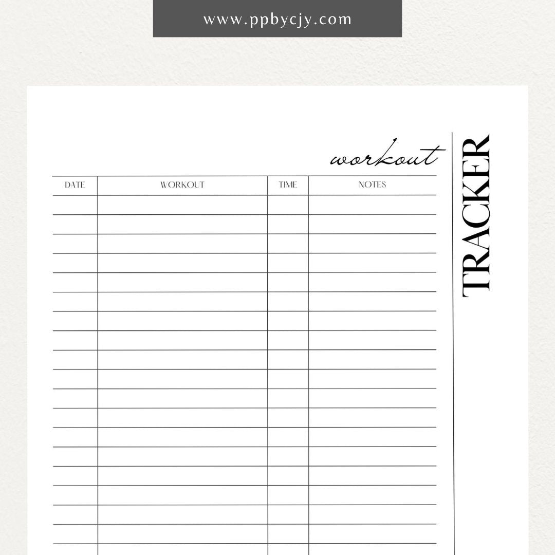 Workout Tracker Printable Template – Digital download for recording and monitoring workout routines, including exercise types, durations, sets, reps, and progress over time