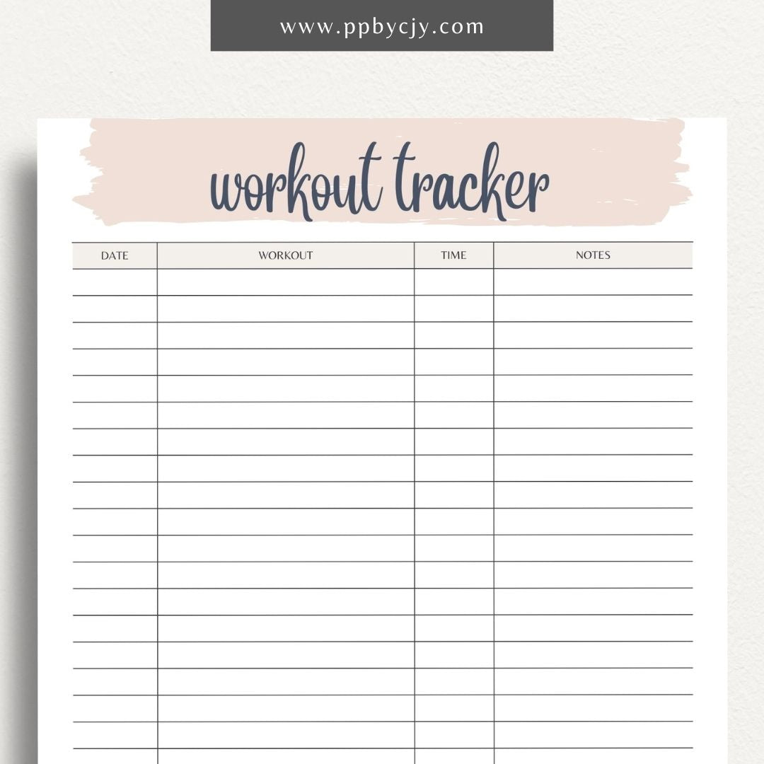 Workout Tracker Printable Template – Digital download for recording and monitoring workout routines, including exercise types, durations, sets, reps, and progress over time