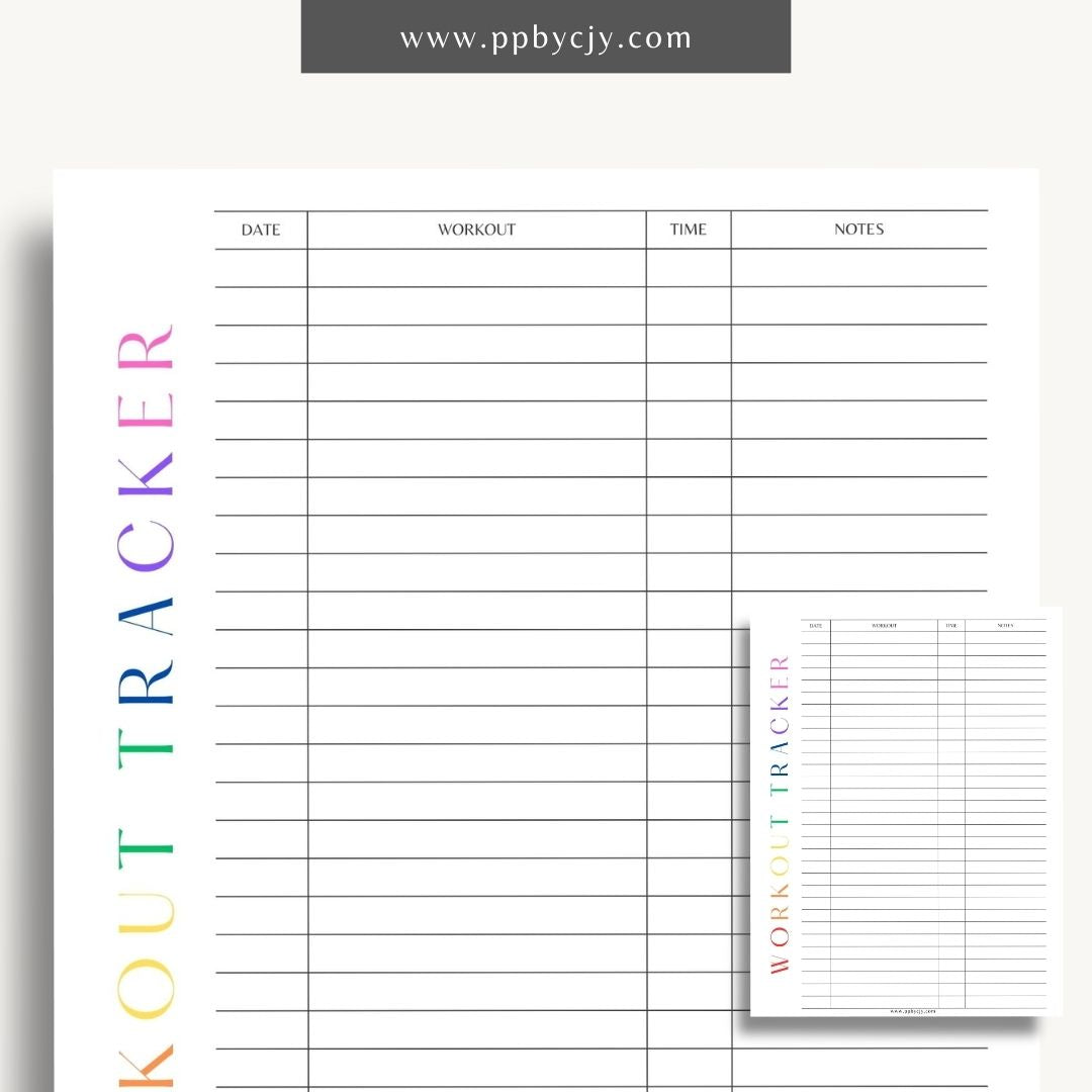 Workout Tracker Printable Template – Digital download for recording and monitoring workout routines, including exercise types, durations, sets, reps, and progress over time
