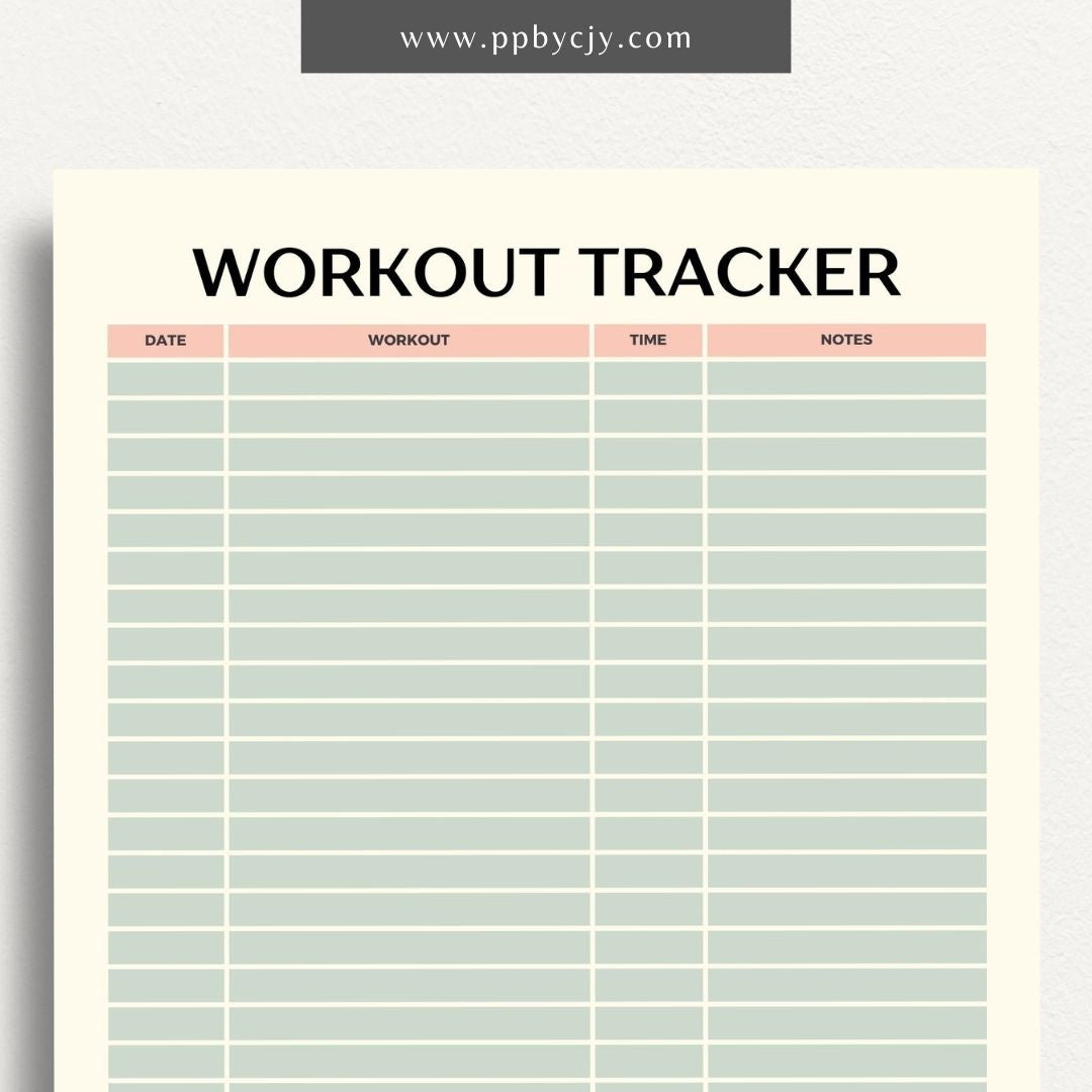 Workout Tracker Printable Template – Digital download for recording and monitoring workout routines, including exercise types, durations, sets, reps, and progress over time