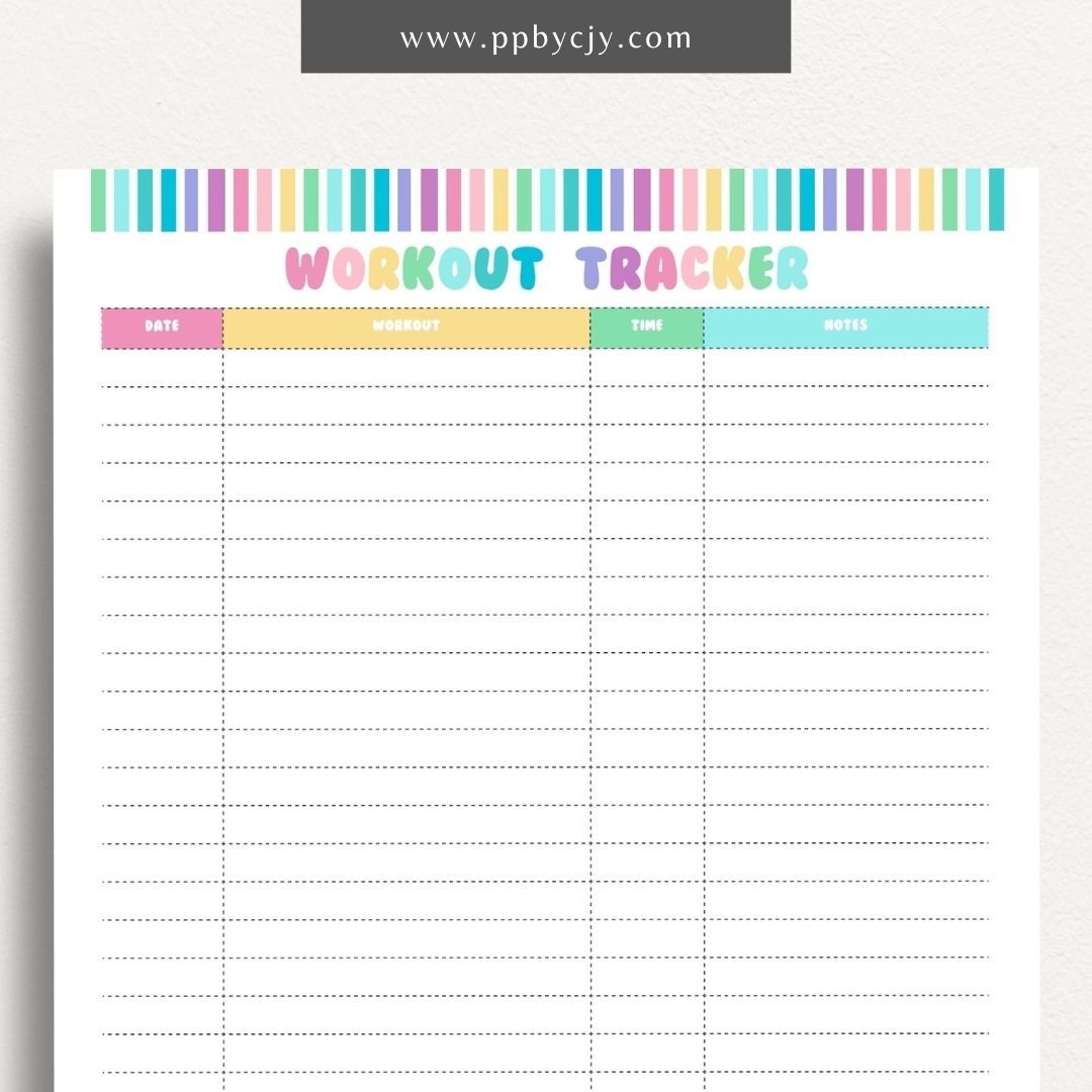 Workout Tracker Printable Template – Digital download for recording and monitoring workout routines, including exercise types, durations, sets, reps, and progress over time