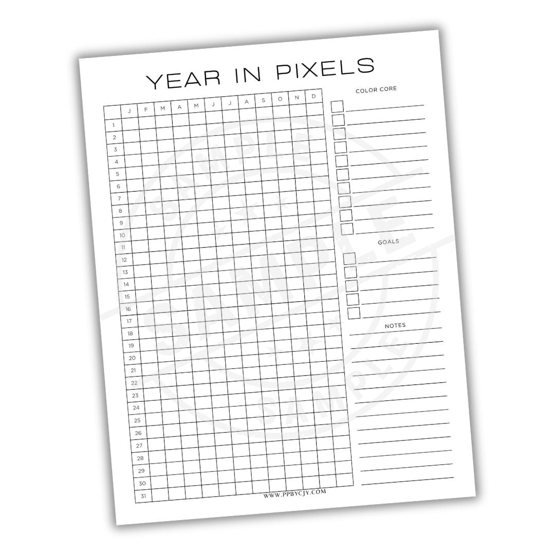 Sheet of paper with grid and text for 'Year in Pixels' project on a white background