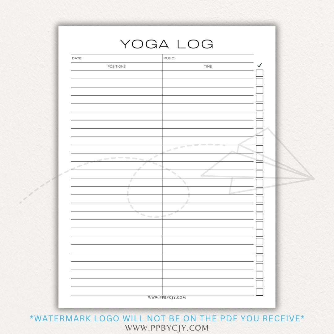 Yoga Log Printable PDF Template for tracking sessions, poses, progress, and mindfulness reflections to enhance yoga practice and personal growth.