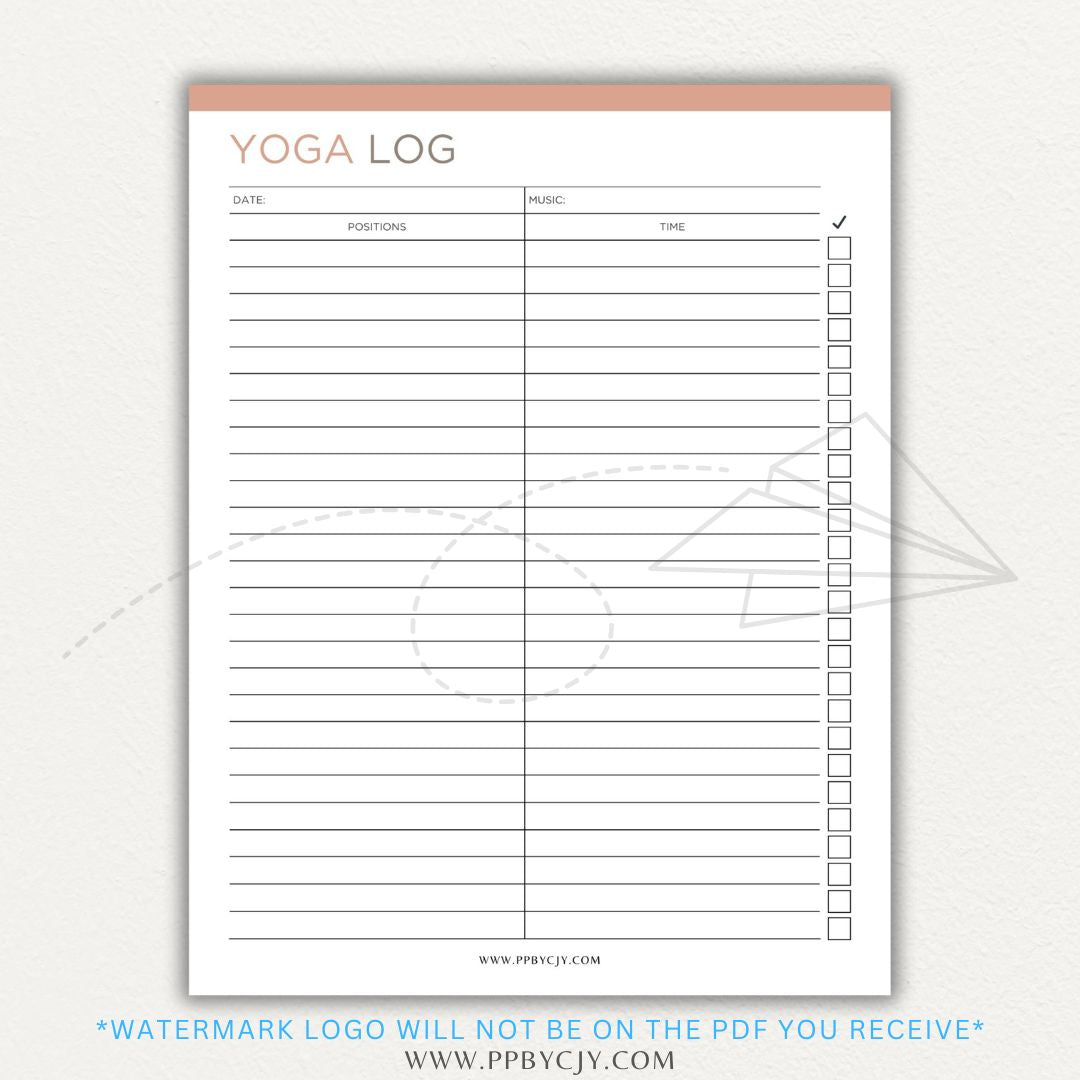 Yoga Log Printable PDF Template for tracking sessions, poses, progress, and mindfulness reflections to enhance yoga practice and personal growth.
