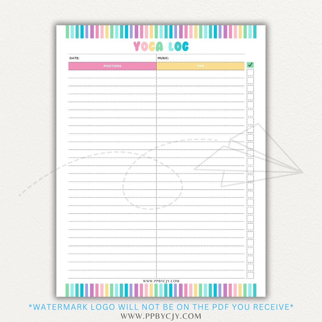 Yoga Log Printable PDF Template for tracking sessions, poses, progress, and mindfulness reflections to enhance yoga practice and personal growth.