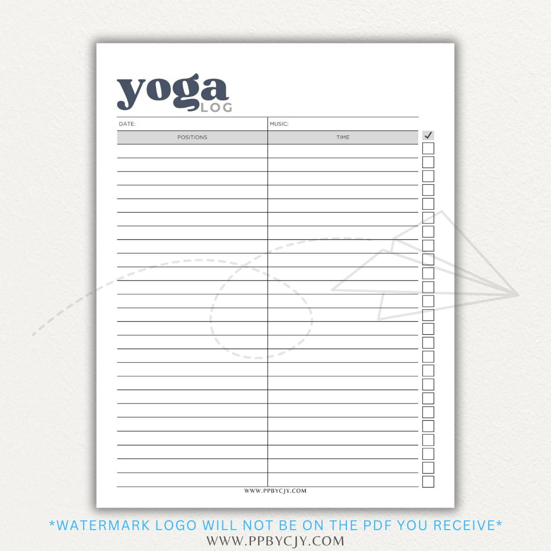 Yoga Log Printable PDF Template for tracking sessions, poses, progress, and mindfulness reflections to enhance yoga practice and personal growth.