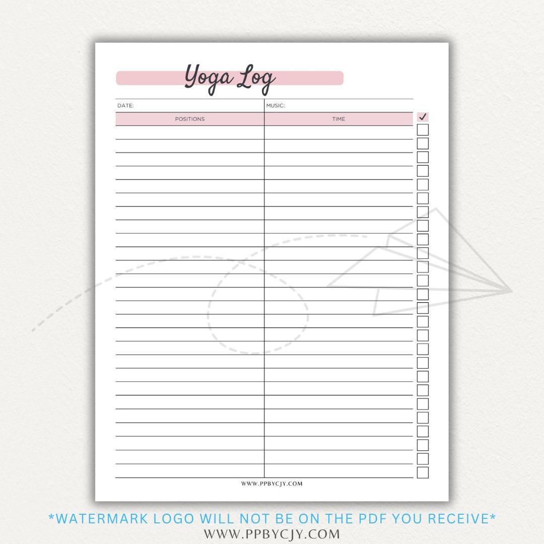 Yoga Log Printable PDF Template for tracking sessions, poses, progress, and mindfulness reflections to enhance yoga practice and personal growth.