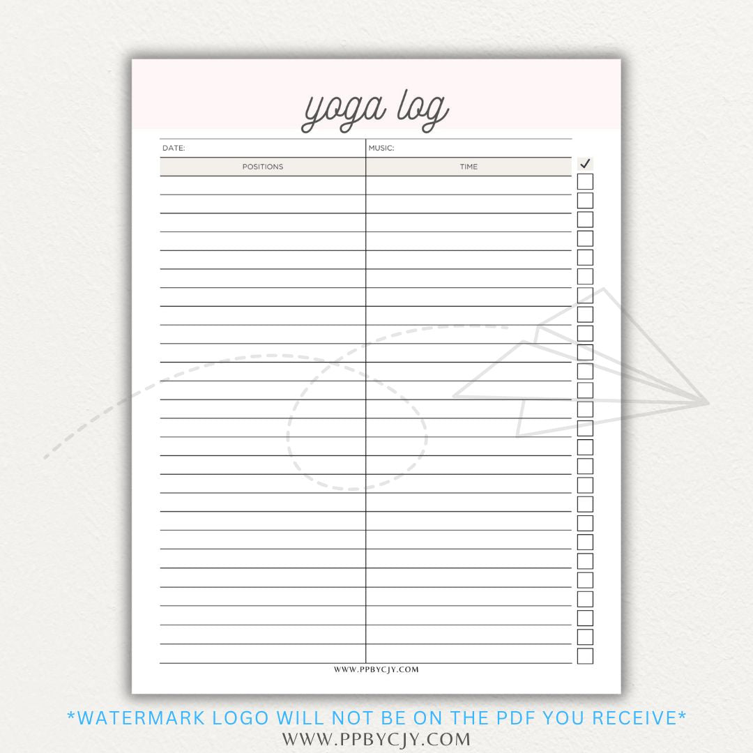Yoga Log Printable PDF Template for tracking sessions, poses, progress, and mindfulness reflections to enhance yoga practice and personal growth.