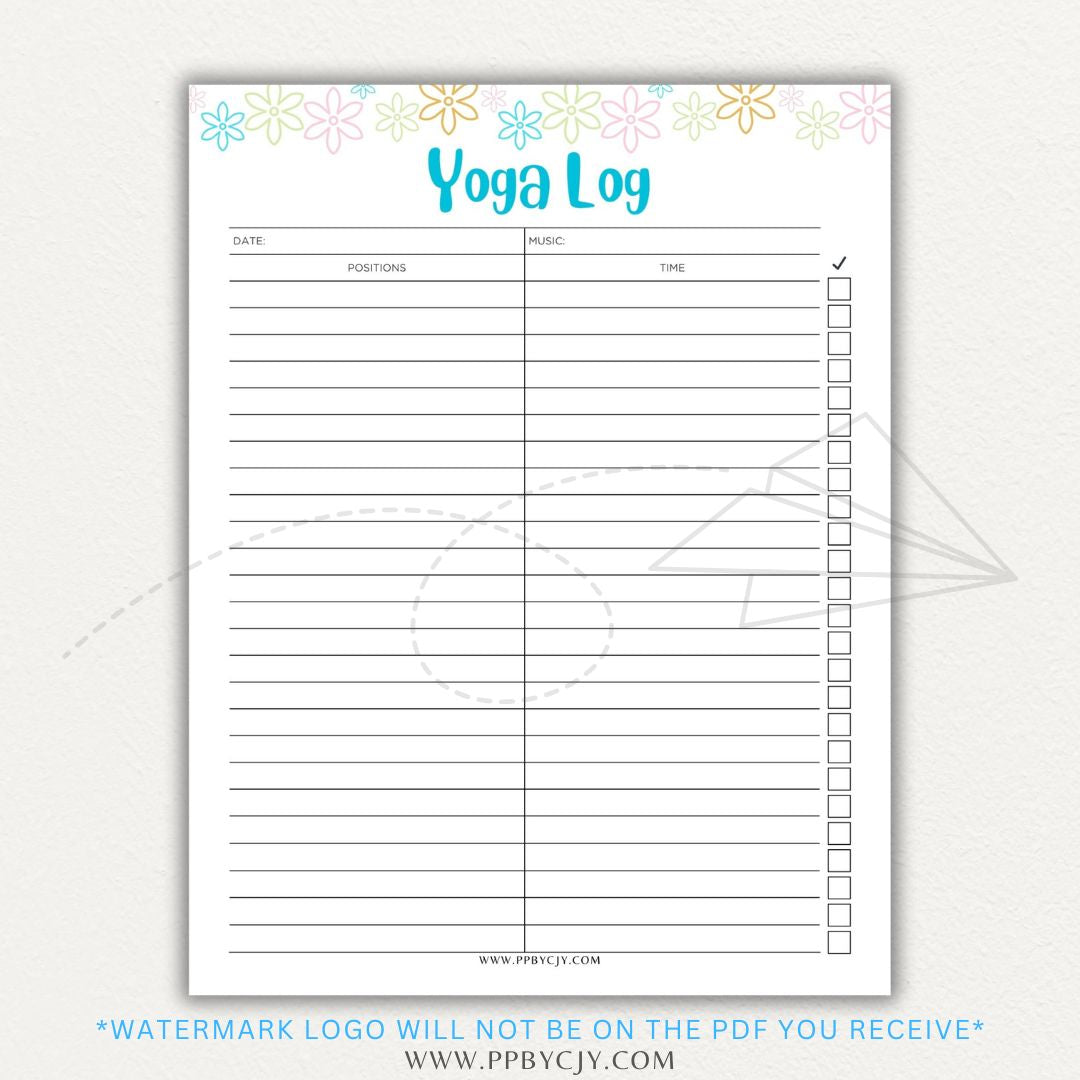 Yoga Log Printable PDF Template for tracking sessions, poses, progress, and mindfulness reflections to enhance yoga practice and personal growth.