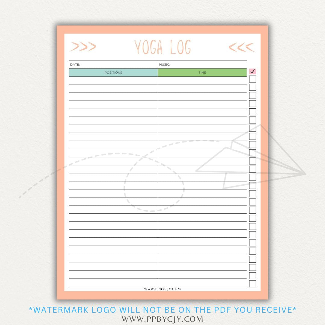 Yoga Log Printable PDF Template for tracking sessions, poses, progress, and mindfulness reflections to enhance yoga practice and personal growth.