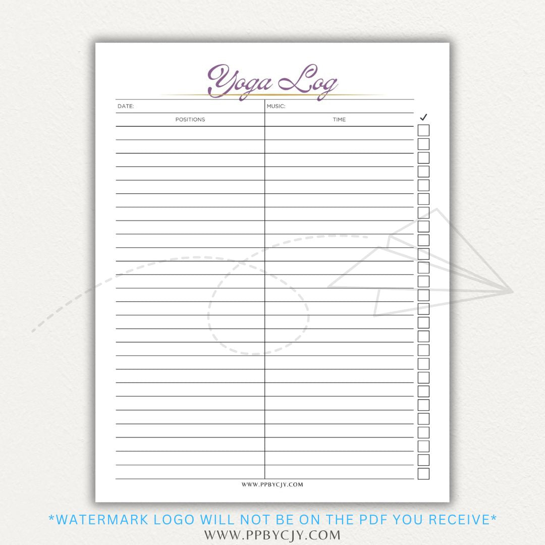Yoga Log Printable PDF Template for tracking sessions, poses, progress, and mindfulness reflections to enhance yoga practice and personal growth.