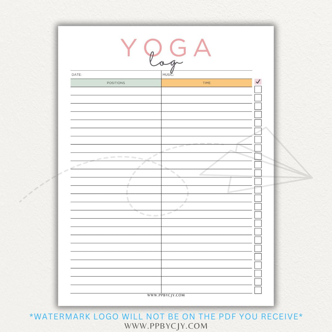 Yoga Log Printable PDF Template for tracking sessions, poses, progress, and mindfulness reflections to enhance yoga practice and personal growth.