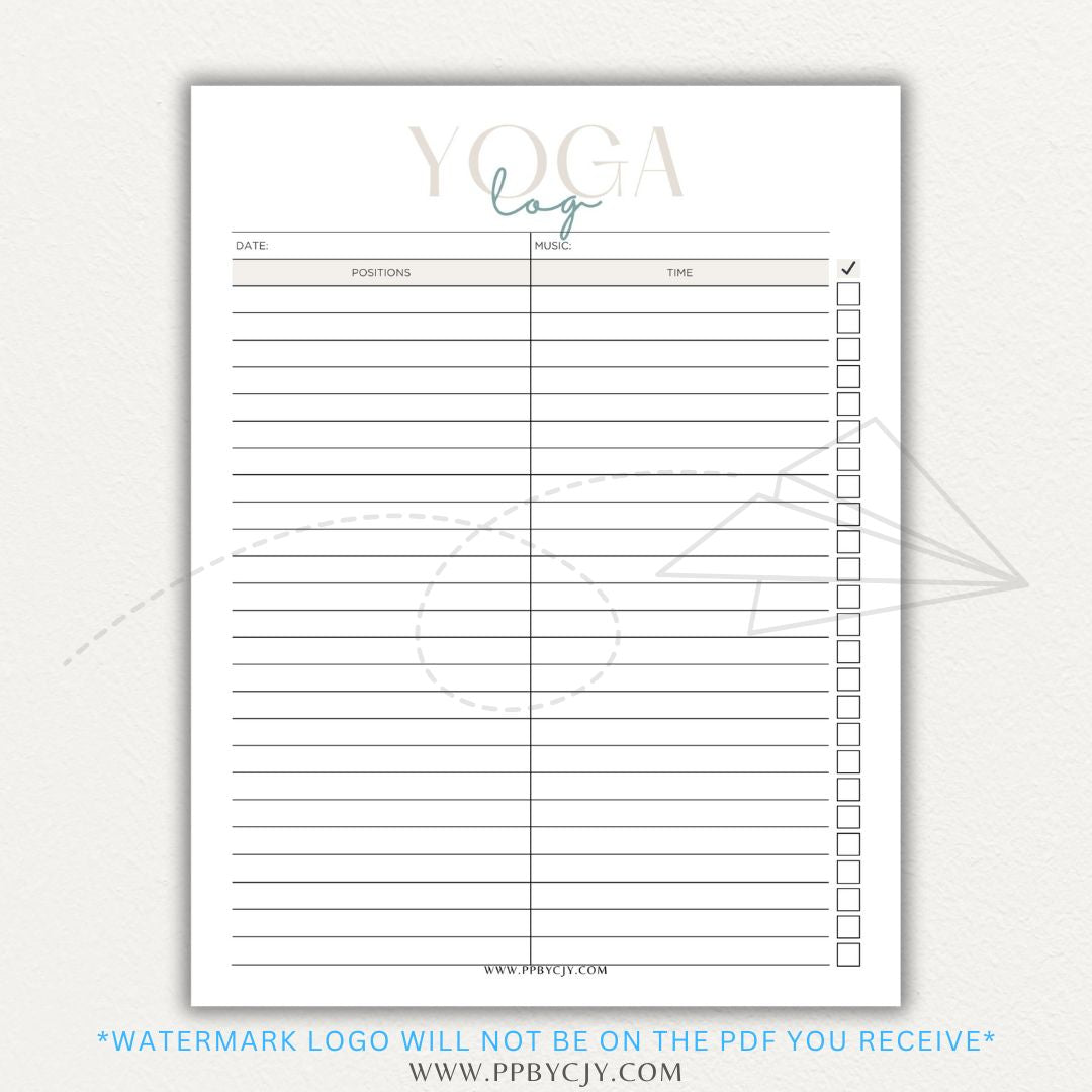 Yoga Log Printable PDF Template for tracking sessions, poses, progress, and mindfulness reflections to enhance yoga practice and personal growth.
