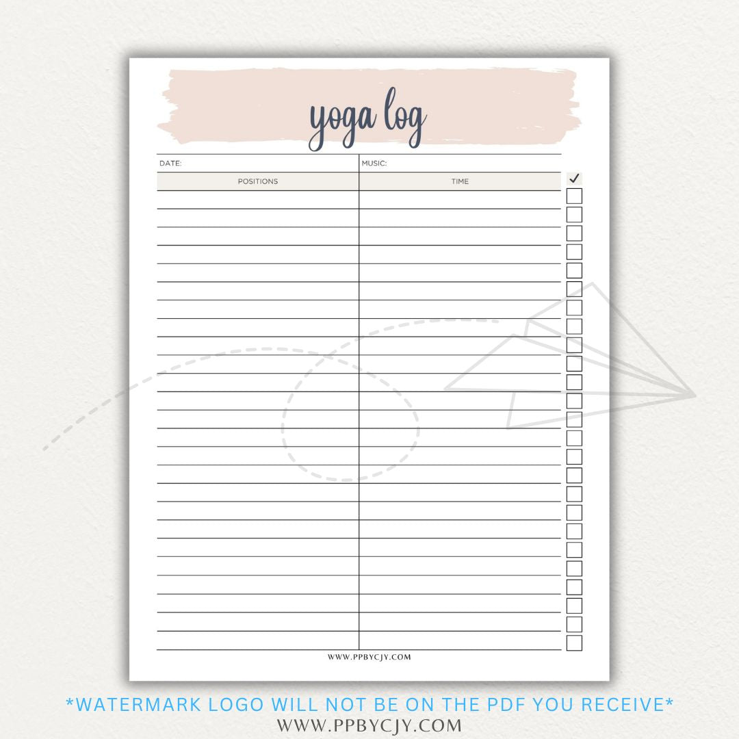 Yoga Log Printable PDF Template for tracking sessions, poses, progress, and mindfulness reflections to enhance yoga practice and personal growth.