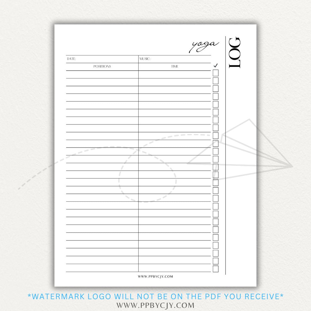 Yoga Log Printable PDF Template for tracking sessions, poses, progress, and mindfulness reflections to enhance yoga practice and personal growth.