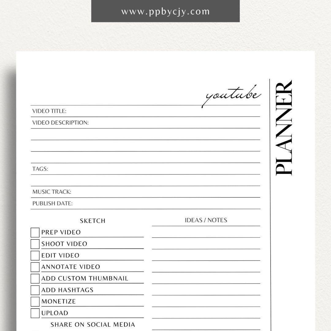 YouTube Planner Printable Template – Digital download for organizing and managing YouTube content, including video ideas, publishing schedules, scripts, and performance tracking