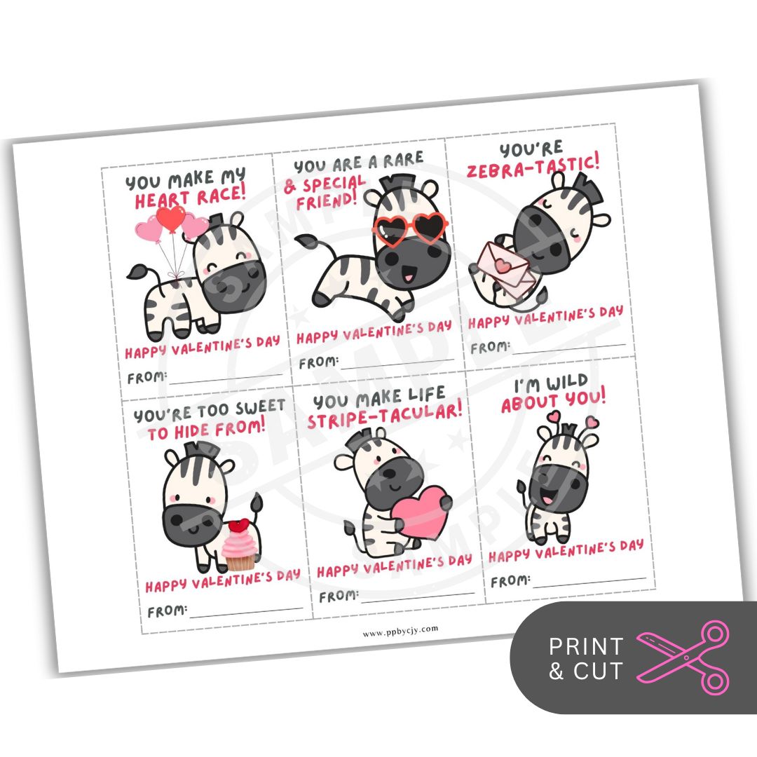 Valentine's Day cards with cartoon zebras and cute sayings on a white background.